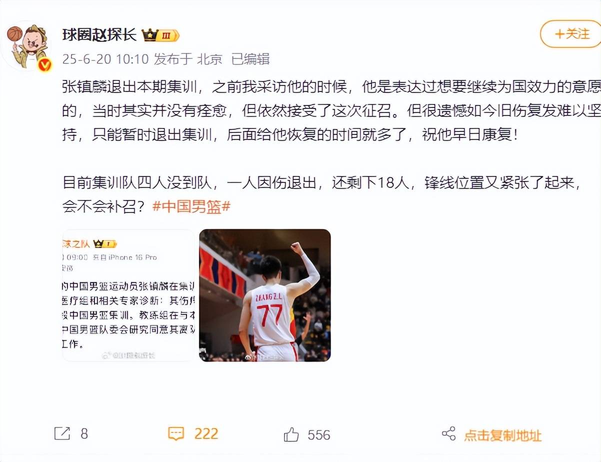 张镇麟因伤退出中国男篮集训辽宁队致谢篮协
